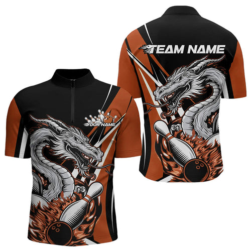 Custom Black And Orange Flame Dragon Bowling Jerseys, Dragon Men Bowling Team Quarter-Zip Shirts IPHW8711