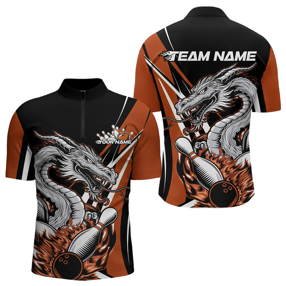 Custom Black And Orange Flame Dragon Bowling Jerseys, Dragon Men Bowling Team Quarter-Zip Shirts IPHW8711