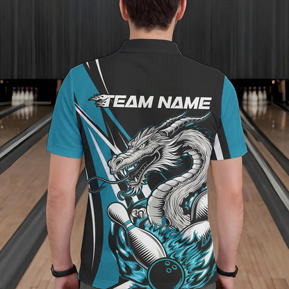 Custom Black And Blue Flame Dragon Bowling Jerseys, Dragon Men Bowling Team Polo Shirts IPHW8712