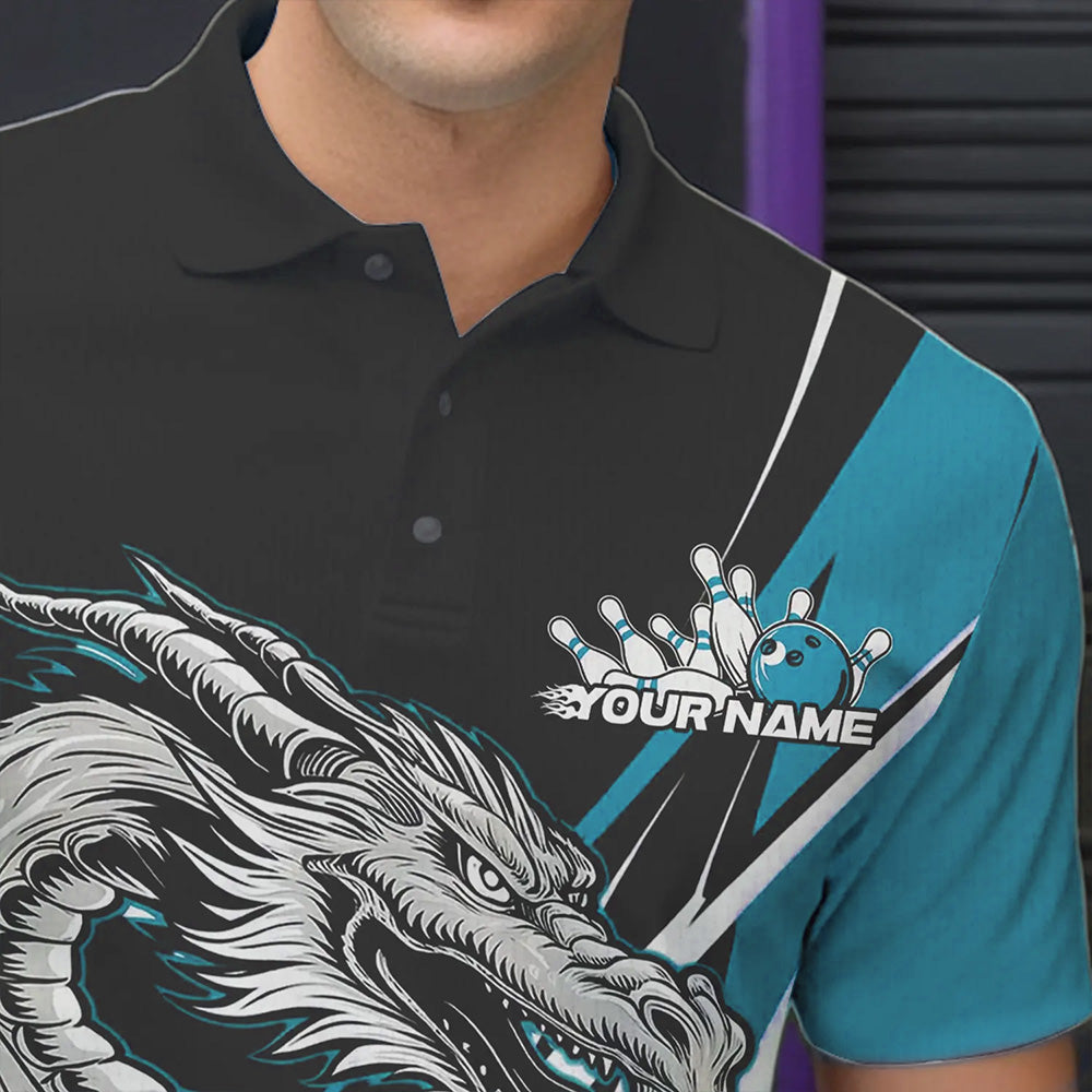Custom Black And Blue Flame Dragon Bowling Jerseys, Dragon Men Bowling Team Polo Shirts IPHW8712