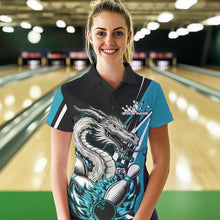 Load image into Gallery viewer, Custom Black And Blue Flame Dragon Bowling Jerseys, Dragon Women Bowling Team Polo Shirts IPHW8712