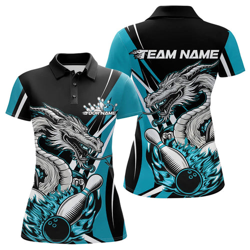 Custom Black And Blue Flame Dragon Bowling Jerseys, Dragon Women Bowling Team Polo Shirts IPHW8712