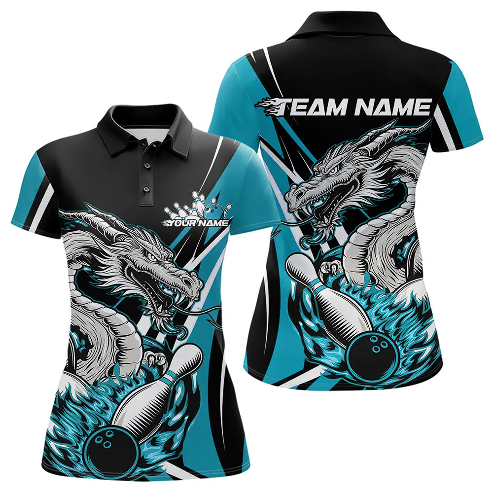 Custom Black And Blue Flame Dragon Bowling Jerseys, Dragon Women Bowling Team Polo Shirts IPHW8712
