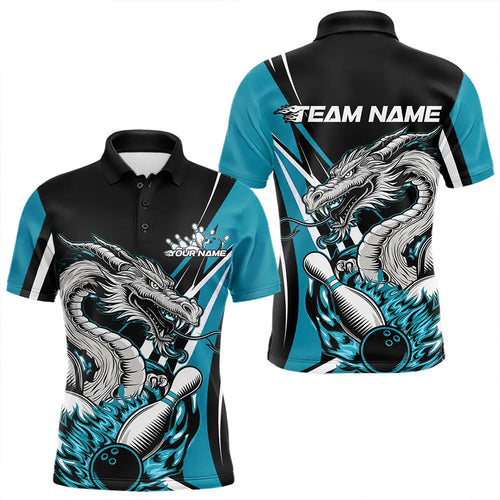 Custom Black And Blue Flame Dragon Bowling Jerseys, Dragon Men Bowling Team Polo Shirts IPHW8712