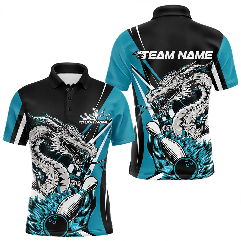 Custom Black And Blue Flame Dragon Bowling Jerseys, Dragon Men Bowling Team Polo Shirts IPHW8712