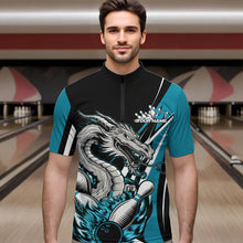 Load image into Gallery viewer, Custom Black And Blue Flame Dragon Bowling Jerseys, Dragon Men Bowling Team Quarter-Zip Shirts IPHW8712