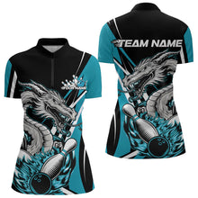 Load image into Gallery viewer, Custom Black And Blue Flame Dragon Bowling Jerseys Women Bowling Team Quarter-Zip Shirts IPHW8712