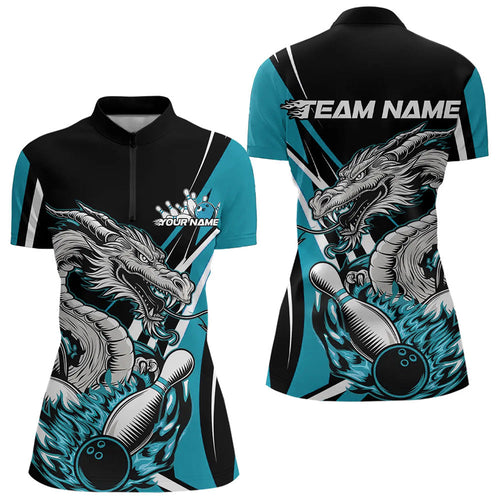 Custom Black And Blue Flame Dragon Bowling Jerseys Women Bowling Team Quarter-Zip Shirts IPHW8712