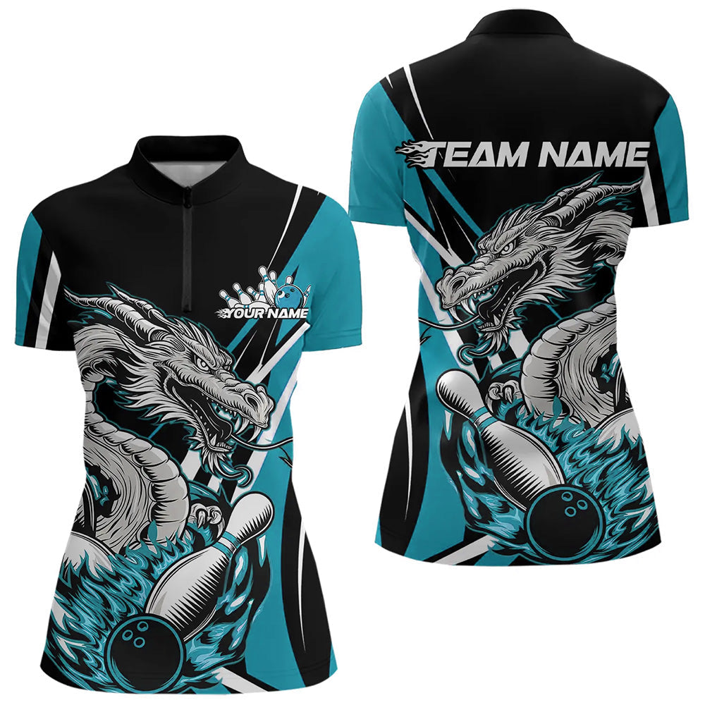 Custom Black And Blue Flame Dragon Bowling Jerseys Women Bowling Team Quarter-Zip Shirts IPHW8712