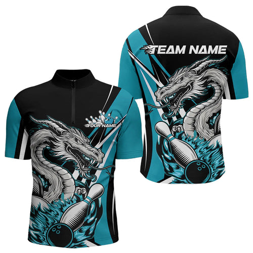 Custom Black And Blue Flame Dragon Bowling Jerseys, Dragon Men Bowling Team Quarter-Zip Shirts IPHW8712