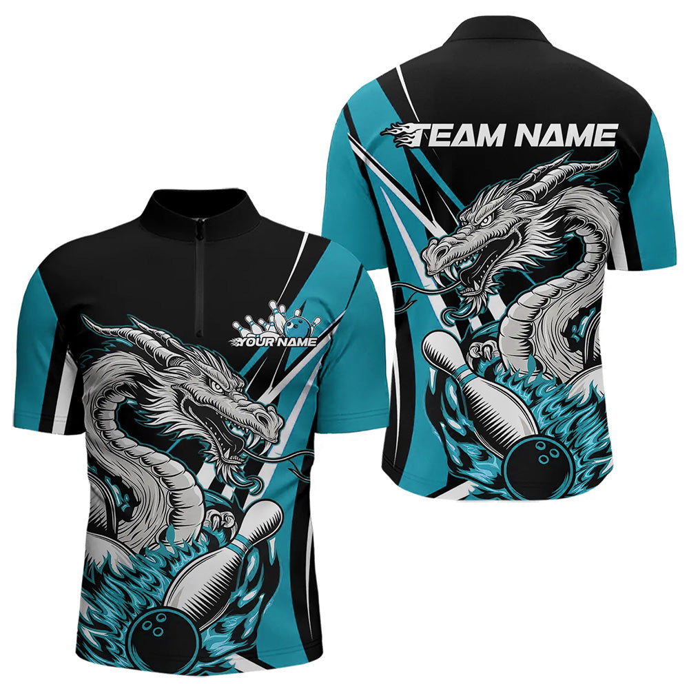 Custom Black And Blue Flame Dragon Bowling Jerseys, Dragon Men Bowling Team Quarter-Zip Shirts IPHW8712