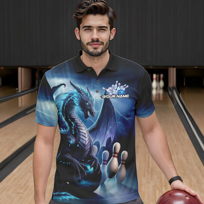 Custom Blue Thunder Lightning Dragon Bowling Polo Shirts For Men, Bowling Team Uniform IPHW8950