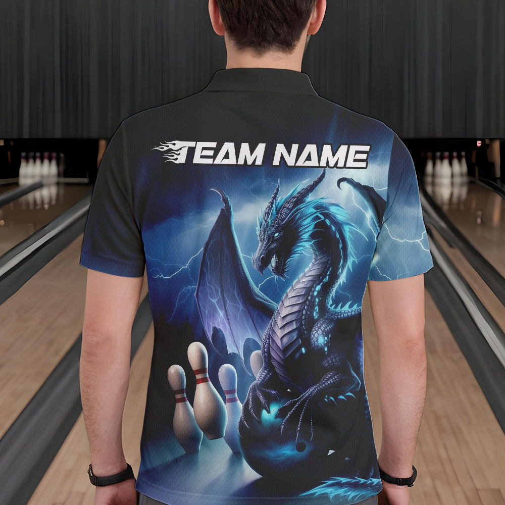 Custom Blue Thunder Lightning Dragon Bowling Polo Shirts For Men, Bowling Team Uniform IPHW8950
