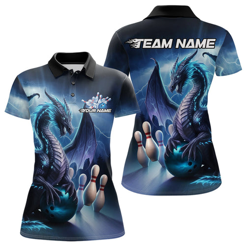Custom Blue Thunder Lightning Dragon Bowling Polo Shirts For Women, Bowling Team Uniform IPHW8950