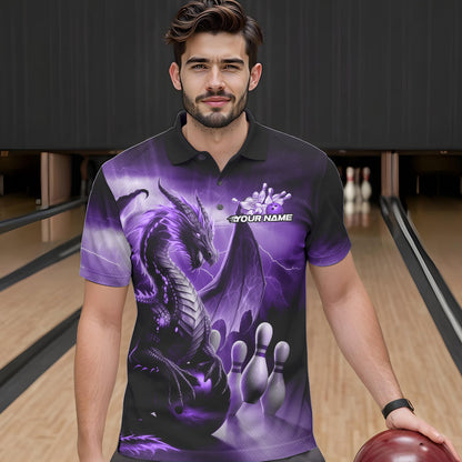 Custom Purple Thunder Lightning Dragon Bowling Polo Shirts For Men, Bowling Team Uniform IPHW8951