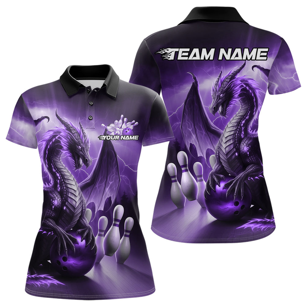 Custom Purple Thunder Lightning Dragon Bowling Polo Shirts For Women, Bowling Team Uniform IPHW8951