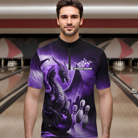 Custom Purple Thunder Lightning Dragon Bowling Quarter-Zip Shirts For Men, Bowling Team Uniform IPHW8951