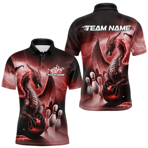 Custom Red Thunder Lightning Dragon Bowling Polo Shirts For Men, Bowling Team Uniform IPHW8952