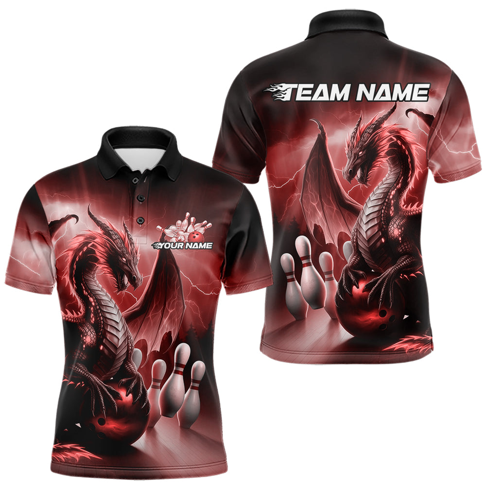 Custom Red Thunder Lightning Dragon Bowling Polo Shirts For Men, Bowling Team Uniform IPHW8952