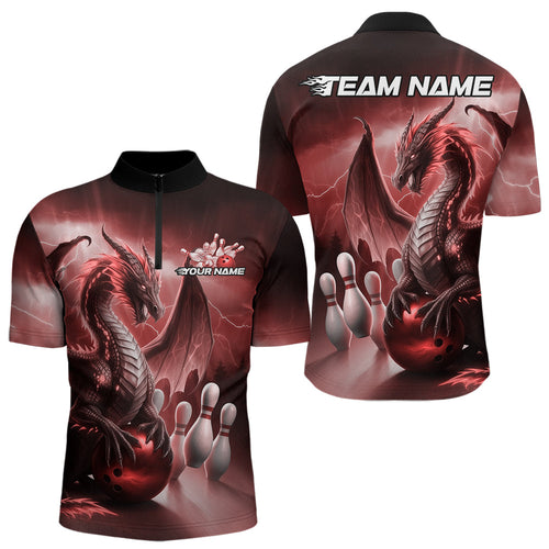 Custom Red Thunder Lightning Dragon Bowling Quarter-Zip Shirts For Men, Bowling Team Uniform IPHW8952