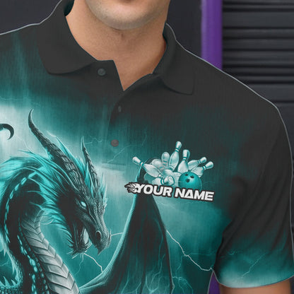 Custom Turquoise Blue Thunder Lightning Dragon Bowling Polo Shirts For Men, Team Uniform IPHW8953