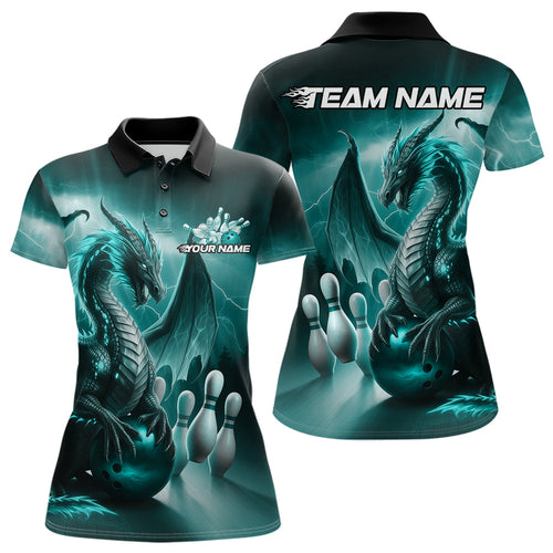 Custom Turquoise Blue Thunder Lightning Dragon Bowling Polo Shirts For Women, Team Uniform IPHW8953