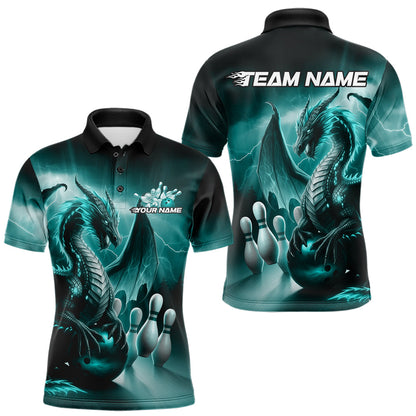 Custom Turquoise Blue Thunder Lightning Dragon Bowling Polo Shirts For Men, Team Uniform IPHW8953