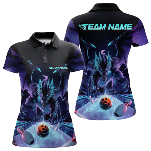 Custom Blue And Purple Dragon Bowling Jerseys, Dragon Bowling Team Polo Shirts For Women IPHW8954