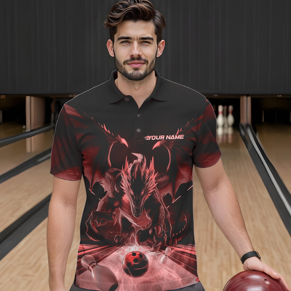 Custom Black And Red Dragon Bowling Jerseys, Dragon Bowling Team Polo Shirts For Men IPHW8955