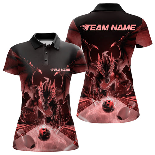 Custom Black And Red Dragon Bowling Jerseys, Dragon Bowling Team Polo Shirts For Women IPHW8955