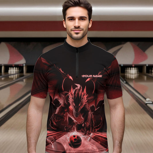 Custom Black And Red Dragon Bowling Jerseys, Dragon Bowling Team Quarter-Zip Shirts For Men IPHW8955