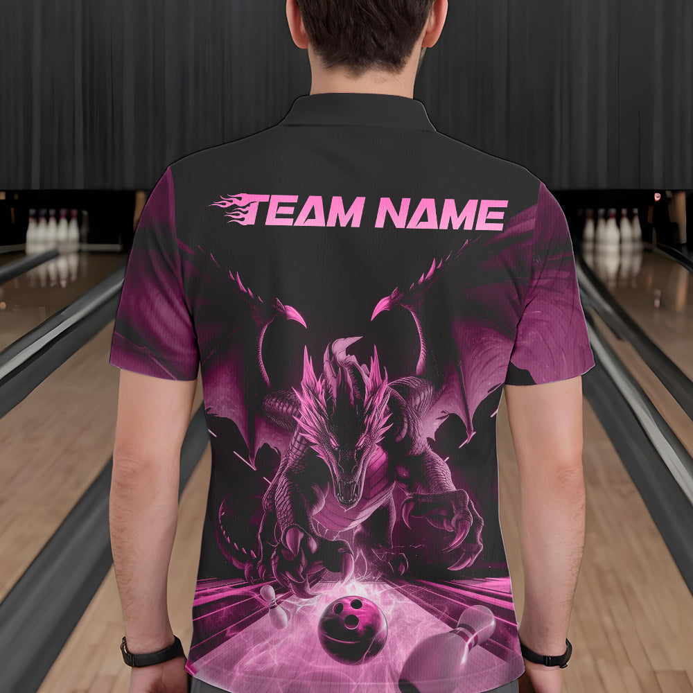 Custom Black And Pink Dragon Bowling Jerseys, Dragon Bowling Team Polo Shirts For Men IPHW8956