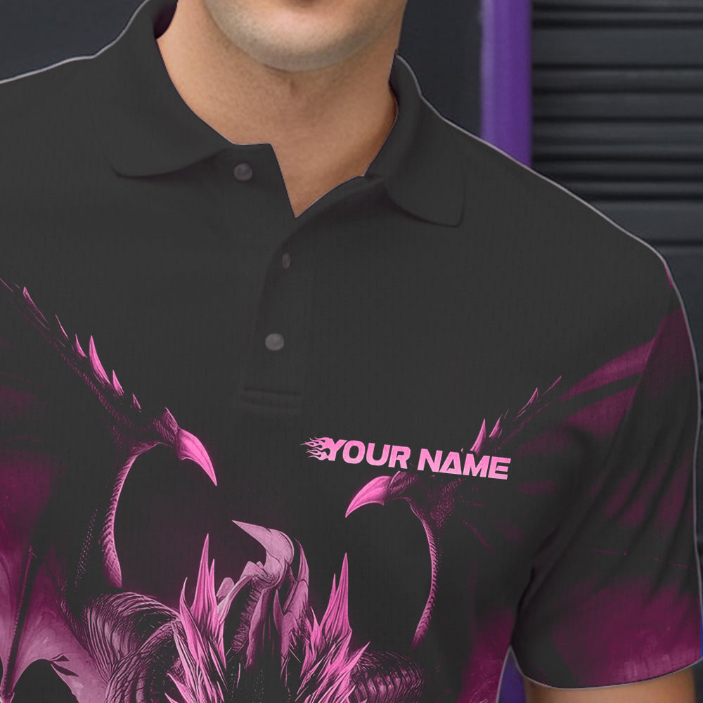 Custom Black And Pink Dragon Bowling Jerseys, Dragon Bowling Team Polo Shirts For Men IPHW8956
