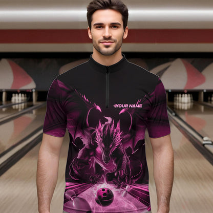 Custom Black And Pink Dragon Bowling Jerseys, Dragon Bowling Team Quarter-Zip Shirts For Men IPHW8956