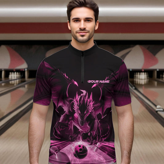 Custom Black And Pink Dragon Bowling Jerseys, Dragon Bowling Team Quarter-Zip Shirts For Men IPHW8956