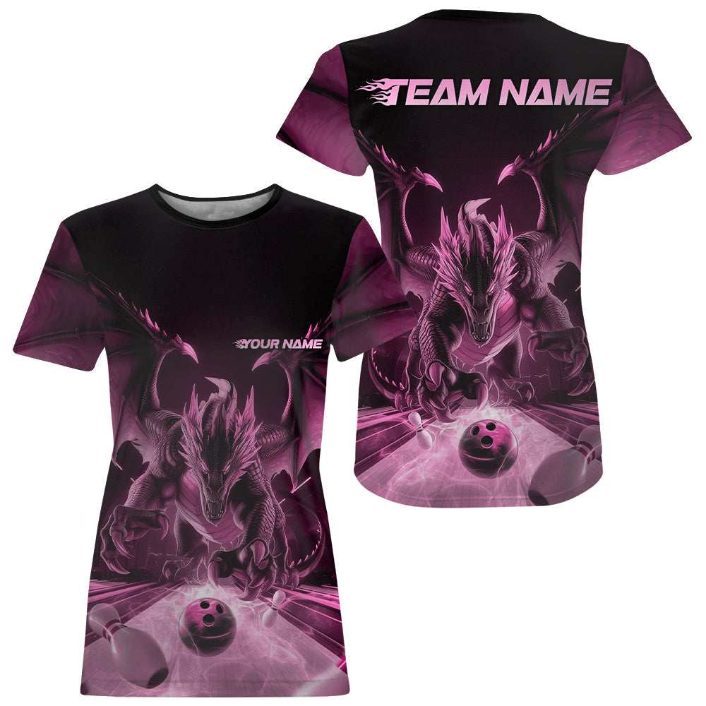 Custom Black And Pink Dragon Bowling Jerseys, Dragon Bowling Team T-Shirts For Women IPHW8956