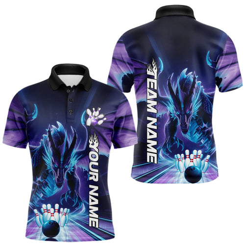 Custom Blue And Purple Dragon Bowling Polo Shirts For Men, Dragon Bowling League Shirt IPHW8958