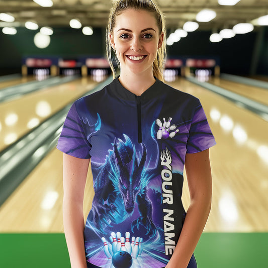 Custom Blue And Purple Dragon Bowling Women Quarter-Zip Shirts, Dragon Bowling League Shirt IPHW8958