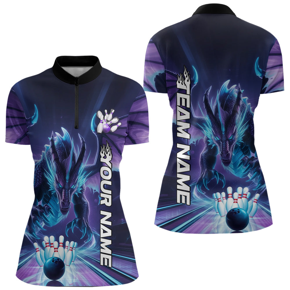Custom Blue And Purple Dragon Bowling Women Quarter-Zip Shirts, Dragon Bowling League Shirt IPHW8958