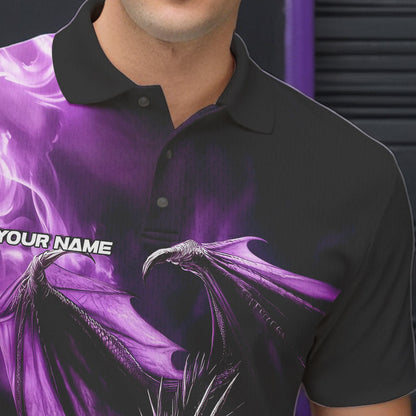 Custom Black And Purple Flame Dragon Bowling Polo Shirts For Men, Dragon Bowling Jerseys IPHW8963