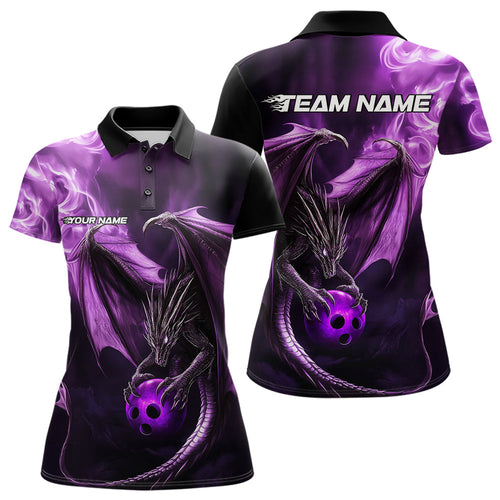 Custom Black And Purple Flame Dragon Bowling Polo Shirt For Women, Dragon Bowling Jerseys IPHW8963