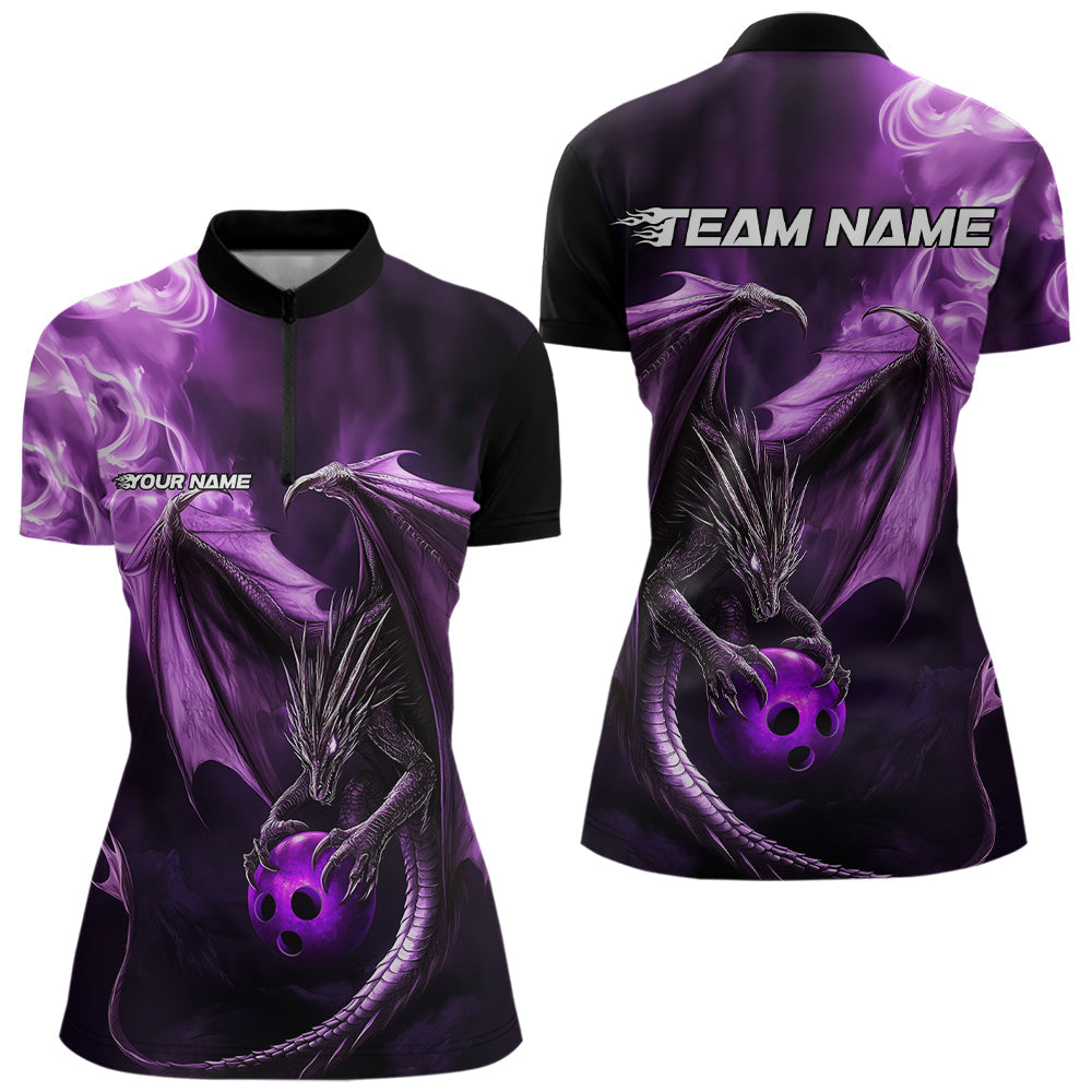 Custom Black And Purple Flame Dragon Bowling Women Quarter-Zip Shirt, Bowling Jerseys IPHW8963