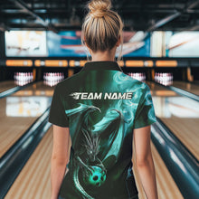 Load image into Gallery viewer, Custom Black And Blue Flame Dragon Bowling Polo Shirts For Women, Dragon Bowling Jerseys IPHW8964