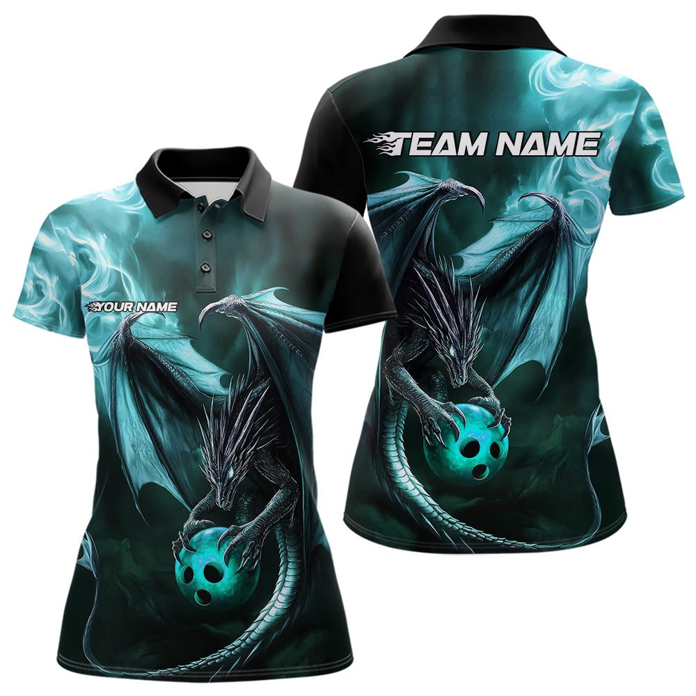 Custom Black And Blue Flame Dragon Bowling Polo Shirts For Women, Dragon Bowling Jerseys IPHW8964