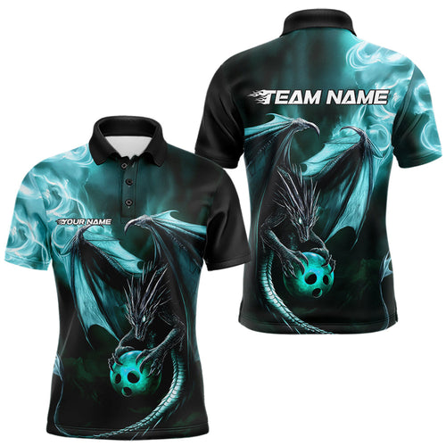 Custom Black And Blue Flame Dragon Bowling Polo Shirts For Men, Dragon Bowling Jerseys IPHW8964