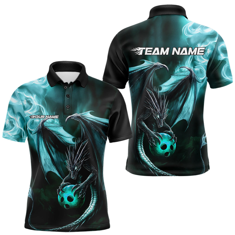 Custom Black And Blue Flame Dragon Bowling Polo Shirts For Men, Dragon Bowling Jerseys IPHW8964
