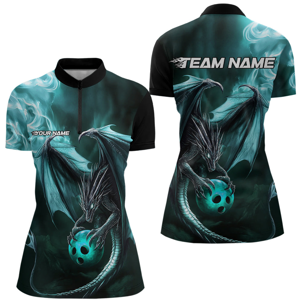 Custom Black And Blue Flame Dragon Bowling Women Quarter-Zip Shirt, Bowling Jerseys IPHW8964