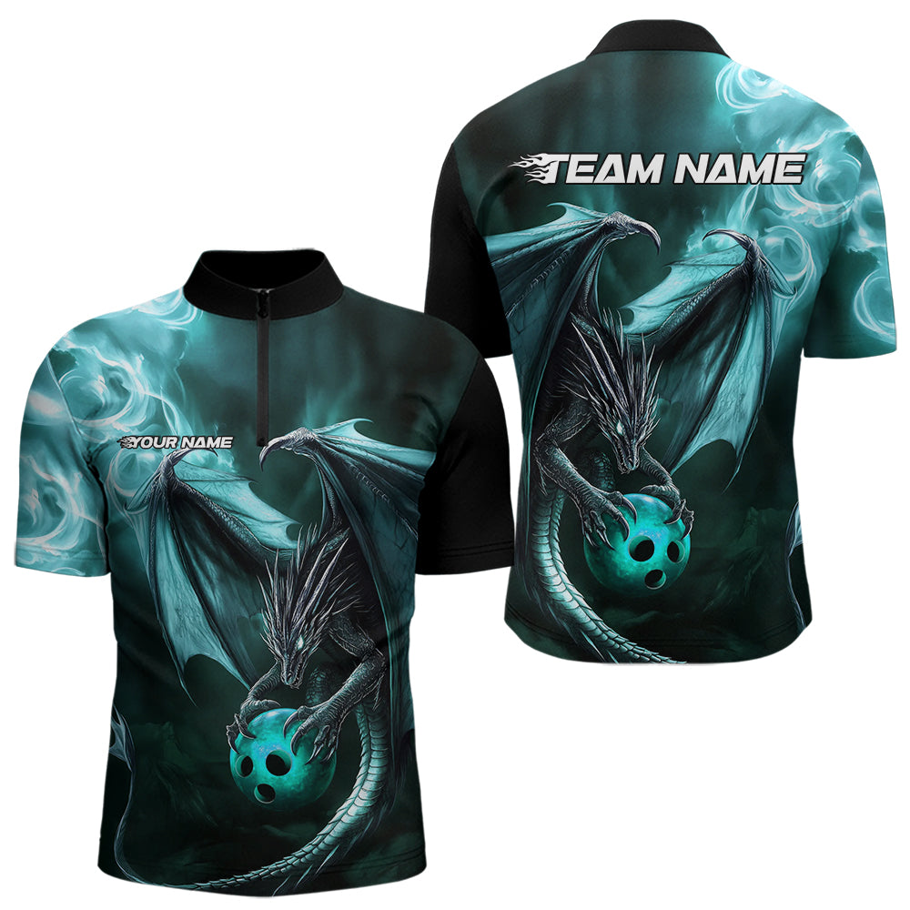 Custom Black And Blue Flame Dragon Bowling Quarter-Zip Shirts For Men, Dragon Bowling Jerseys IPHW8964