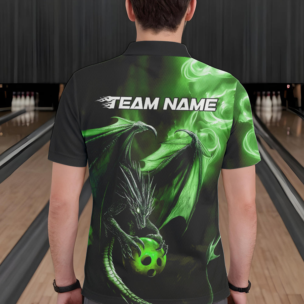 Custom Black And Green Flame Dragon Bowling Polo Shirts For Men, Dragon Bowling Jerseys IPHW8965