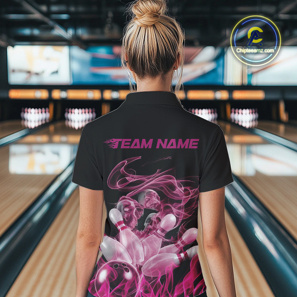Custom Pink Skull Smoke Bowling Team Women Polo Shirts, Halloween Bowling Outfit IPHW9772